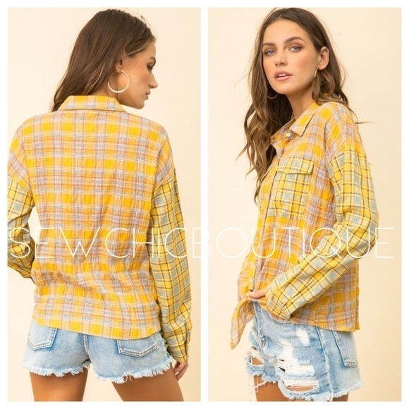 Mustard Plaid Contrast Front Tie Pocket Shirt - Picture 3 of 8